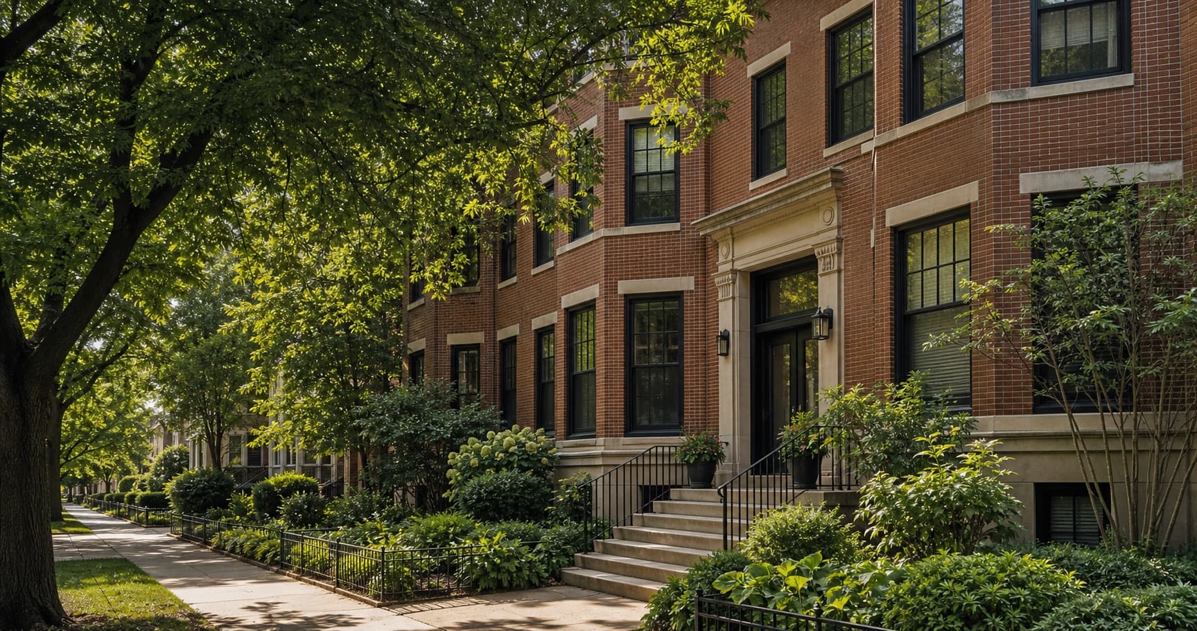 A carefully maintained brick residential building on a tree-lined street
