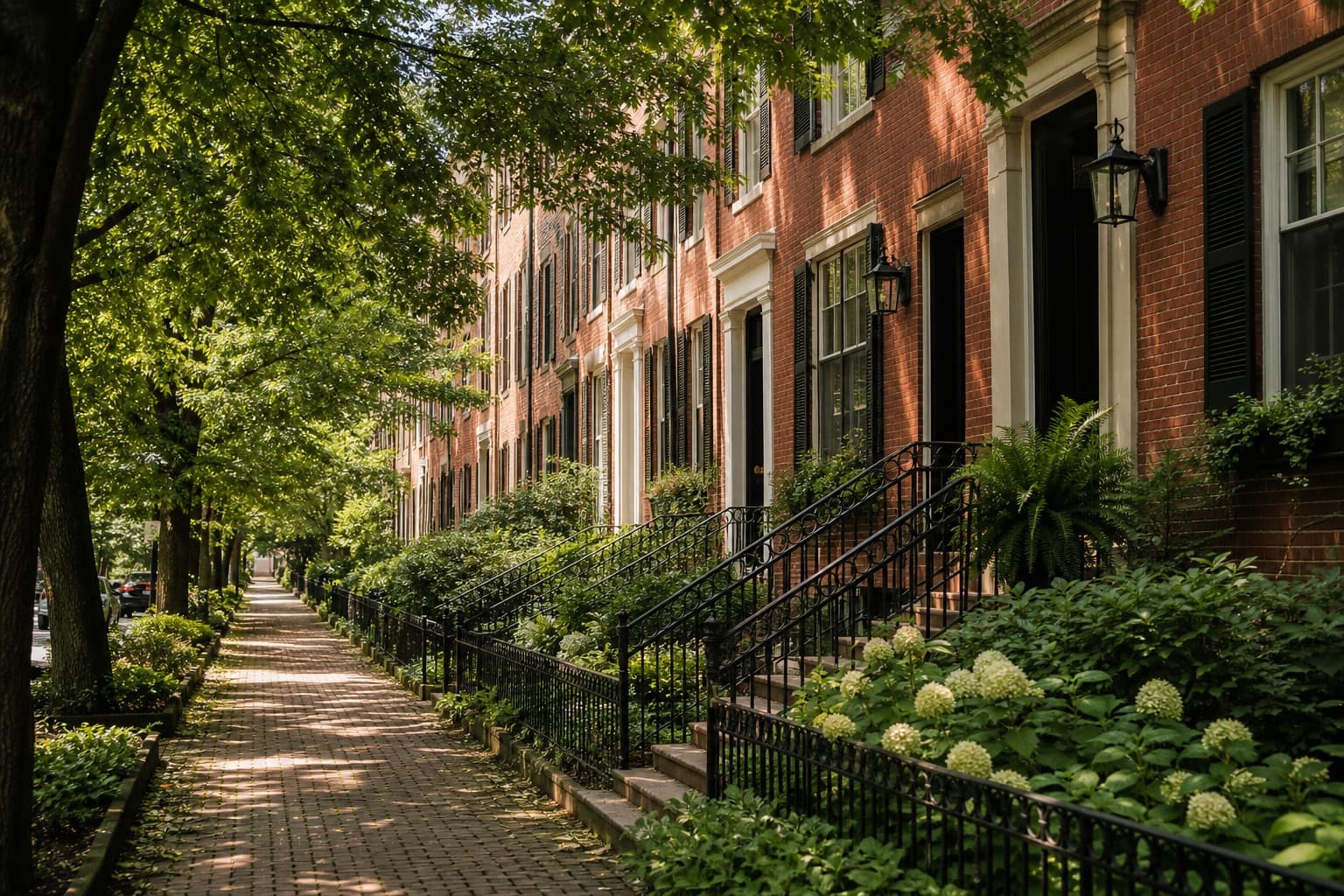 A peaceful row of well-cared-for brick townhomes and front gardens